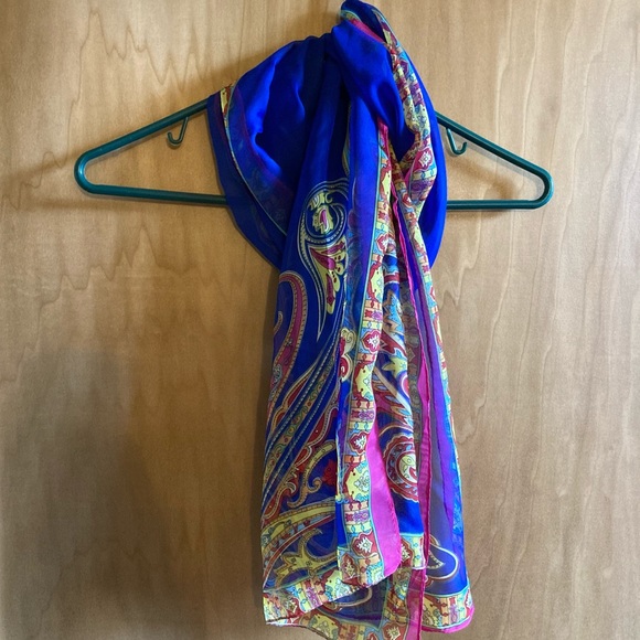 Electric Blue Pink Yellow Paisley Sheer Scarf - Picture 3 of 4